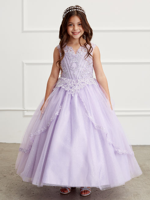 Vestido de desfile de falda de tul dividida con apliques de encaje metálico multicolor para niñas 2-18